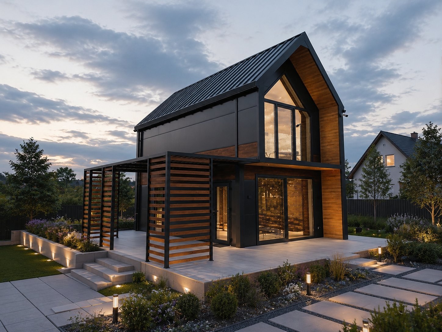 Realizacja premium po obróbkach — pergola, zmierzch